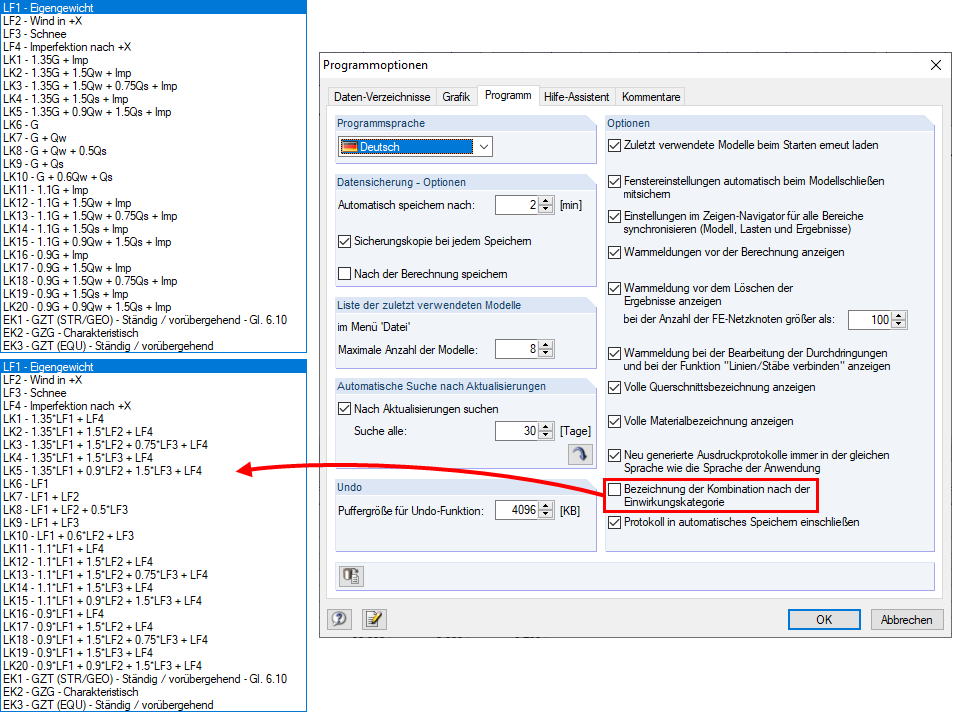 Bezeichnung der Kombinationen nach der Einwirkungskategorie