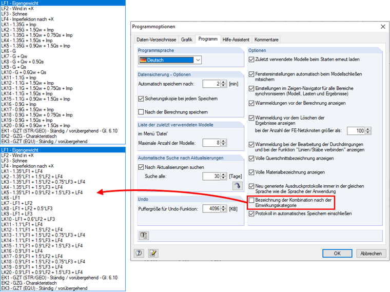 Bezeichnung der Kombinationen nach der Einwirkungskategorie