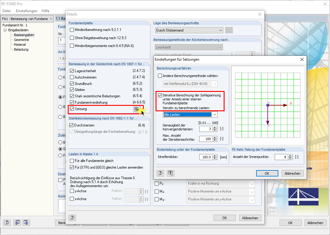 Einstellungen für Setzungsberechnung