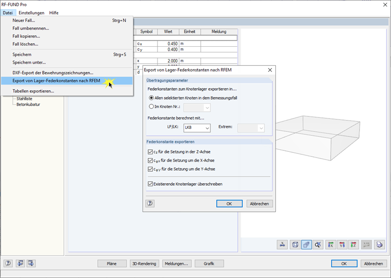 Menü "Datei" zum Export der Lager-Federkonstanten