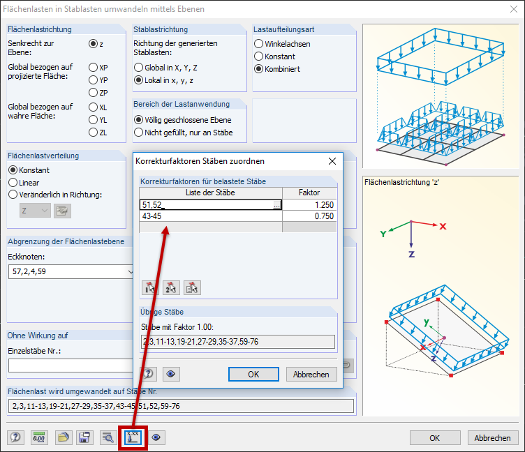 Dialog "Korrekturfaktoren Stäben zuordnen"