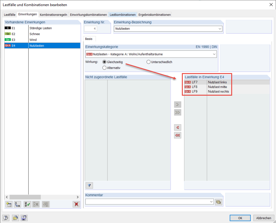 Gleichzeitige Wirkung der Lastfälle
