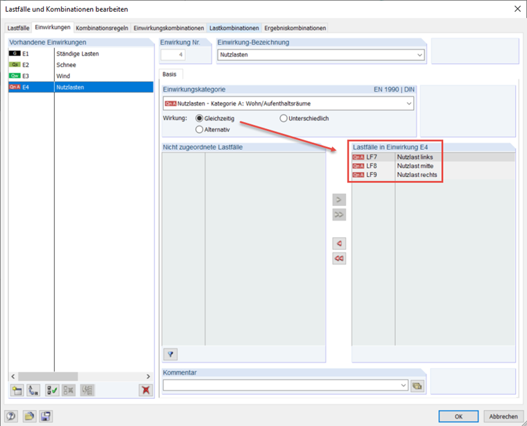 Gleichzeitige Wirkung der Lastfälle