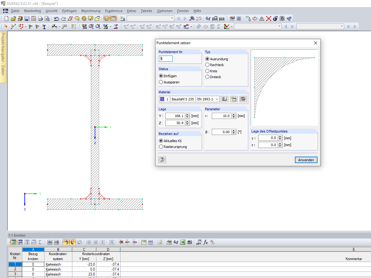 Querschnitt in DUENQ mit Punktelementen (rot hervorgehoben)