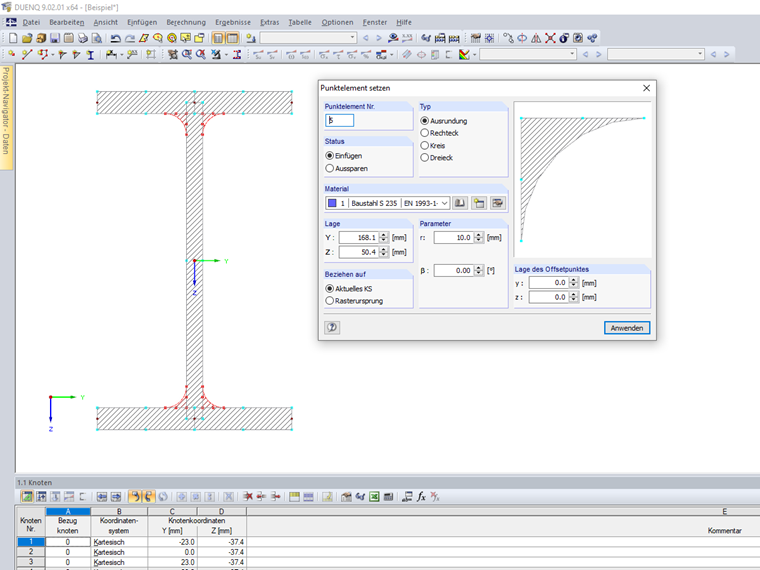 Querschnitt in DUENQ mit Punktelementen (rot hervorgehoben)