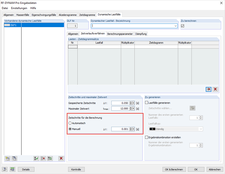 Einstellungen des Zeitschritts