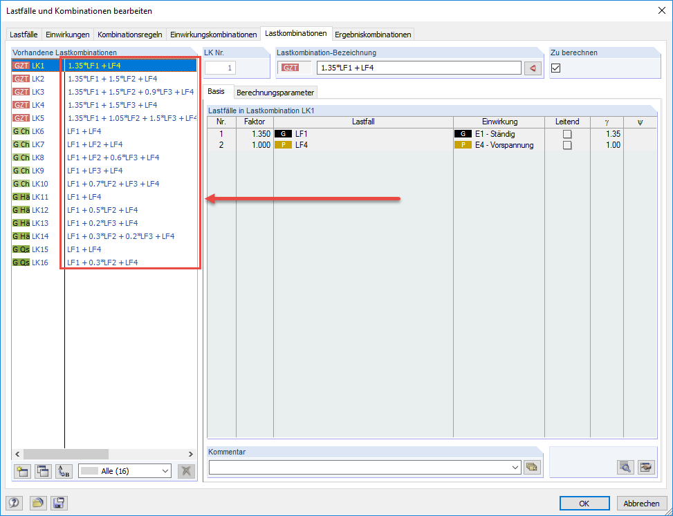 Generierte Lastkombinationen
