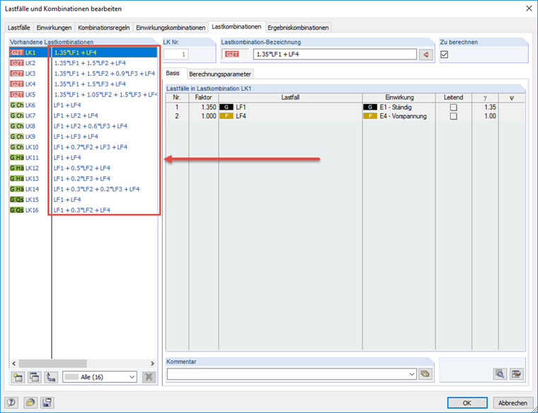 Generierte Lastkombinationen