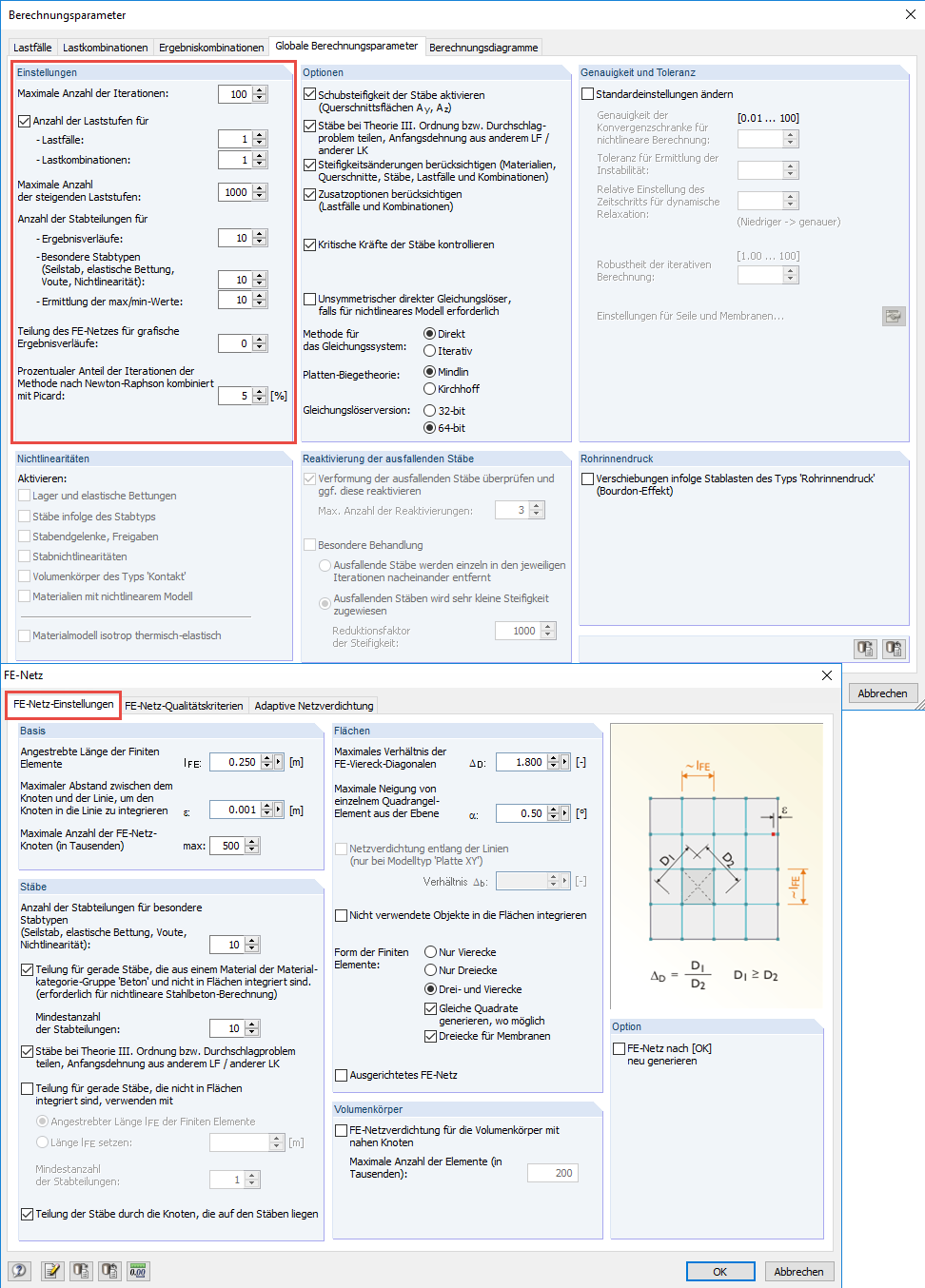 Einstellungen in den Berechnungsparametern und FE-Netz-Einstellungen
