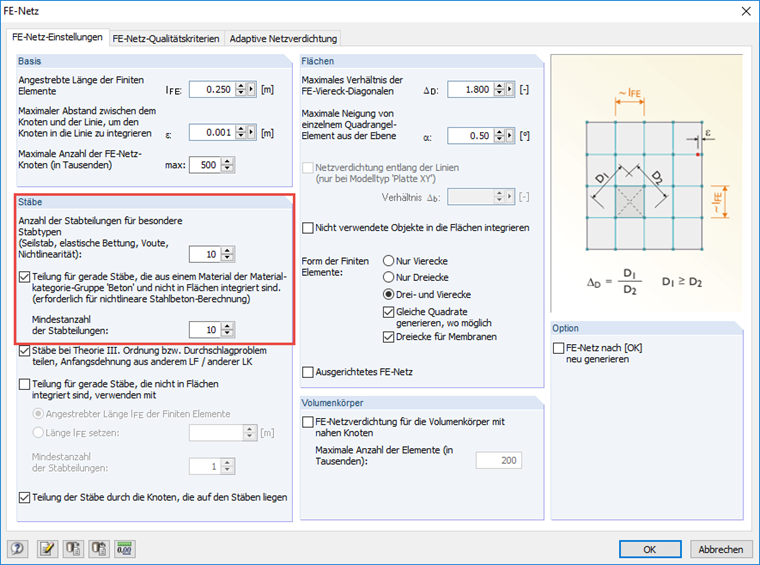 Defintion der Stabteilungen in den FE-Netz-Einstellungen