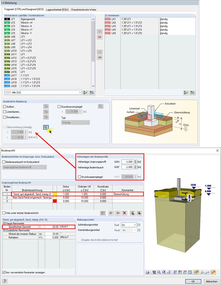 Definition der Überschüttung über das Bodenprofil
