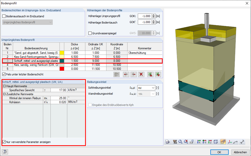 Anpassen der Bodenkennwerte für die jeweilige Bodenschicht