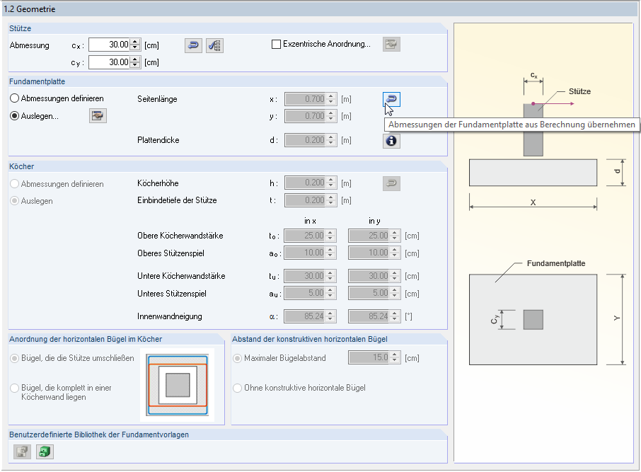 Schaltfläche zum Übernehmen der Abmessungen aus einer vorherigen Berechnung