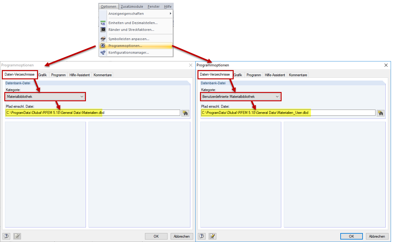 Einfügen der Materialdatenbanken