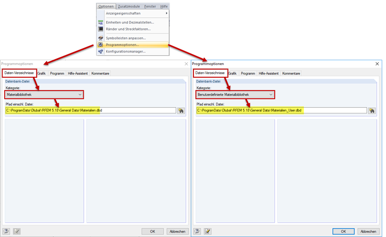 Einfügen der Materialdatenbanken