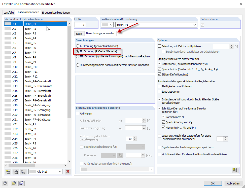 Standardeinstellung der Berechnungsparameter für Lastkombination