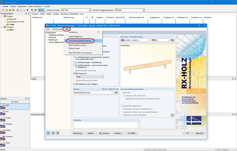 Einlesen der Autorisierungsdatei im RX-HOLZ