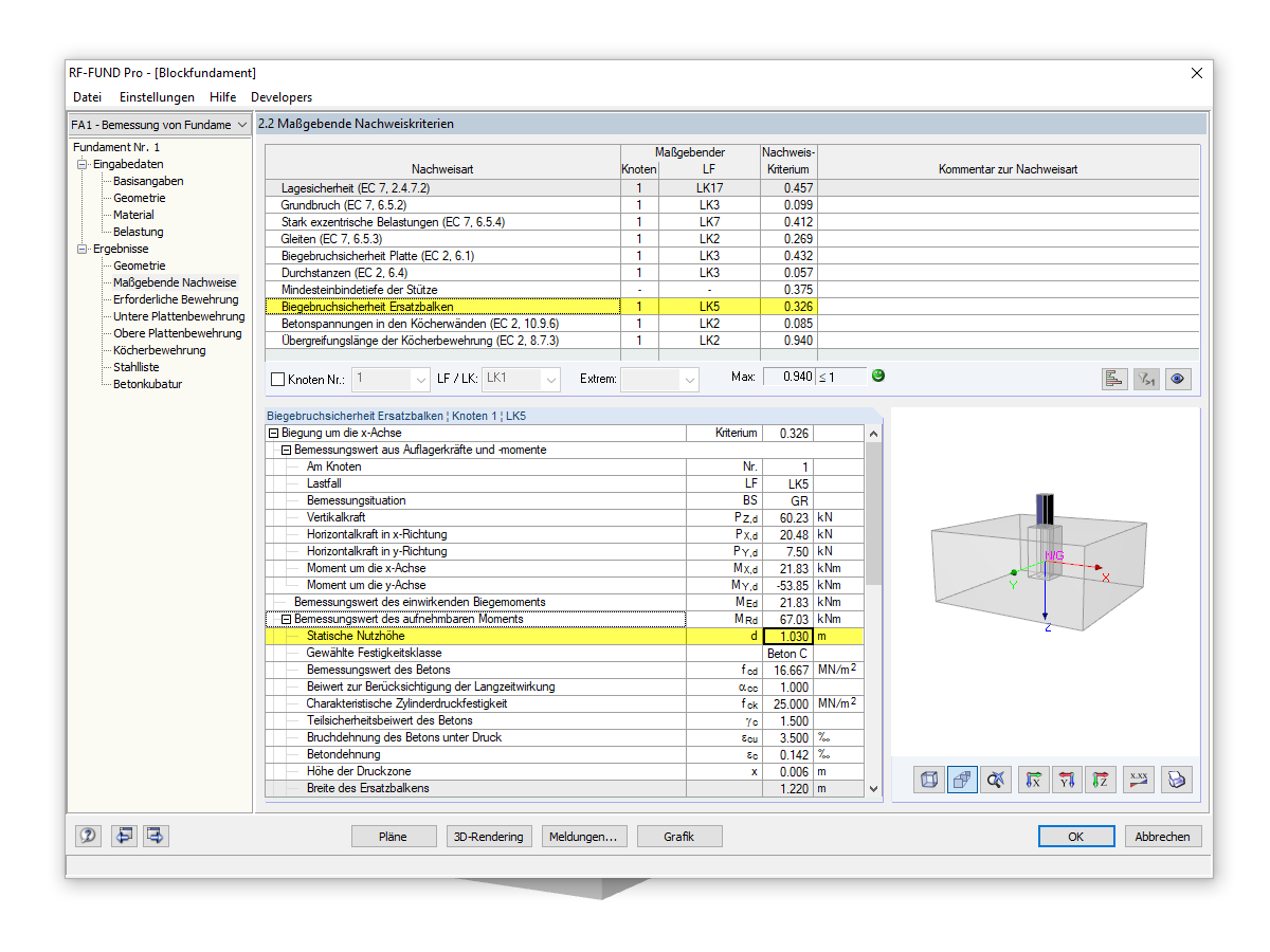 Ergebnistabellen für die Berechnung der Biegebruchsicherheit des Ersatzbalkens