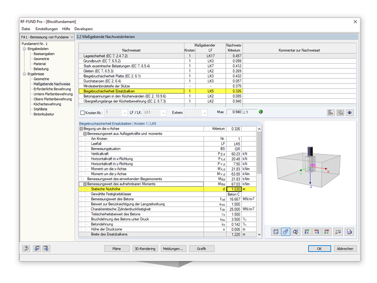 Ergebnistabellen für die Berechnung der Biegebruchsicherheit des Ersatzbalkens