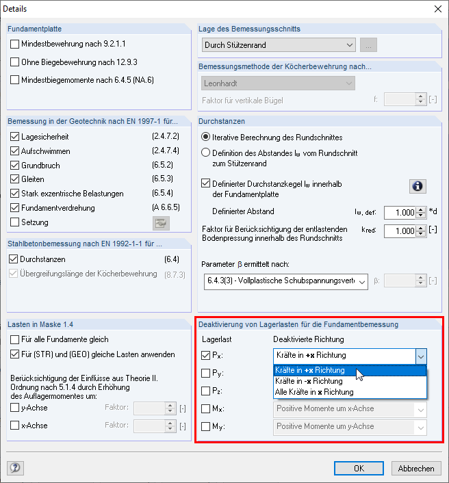 Deaktivieren von Lagerlasten für die Fundamentbemessung