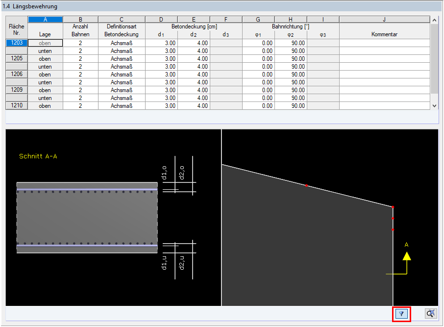 Schaltfläche zum aktivieren des Filters in "1.4 Längsbewehrung"