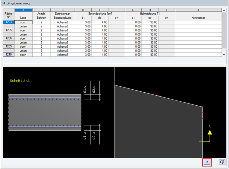 Schaltfläche zum aktivieren des Filters in "1.4 Längsbewehrung"