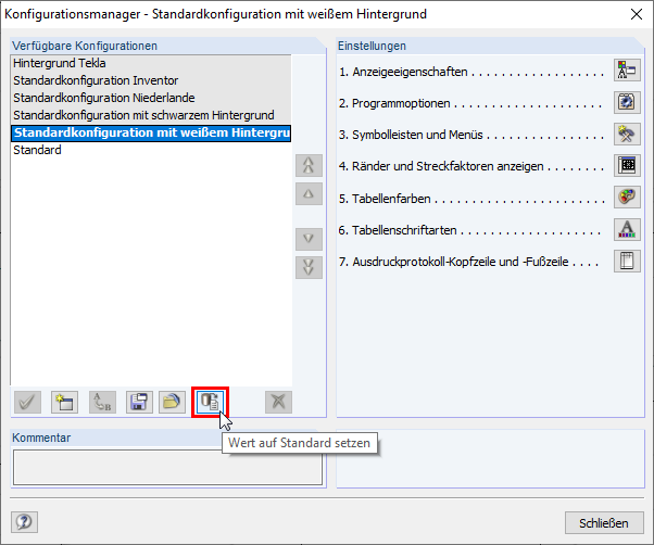 Einstellungen der gewählten Konfiguration auf Standardwerte zurücksetzen