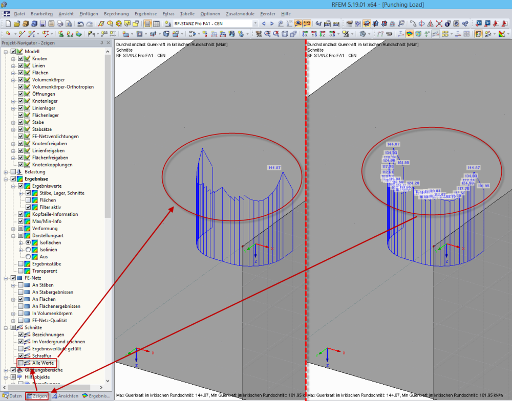 Ergebniswerte der Querkraft im kritischen Rundschnitt