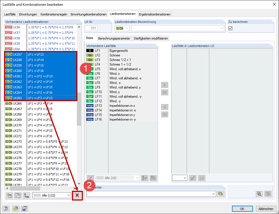 Lastfälle und Kombinationen bearbeiten: Selektieren der Lastkombinationen (1) und Löschen (2)