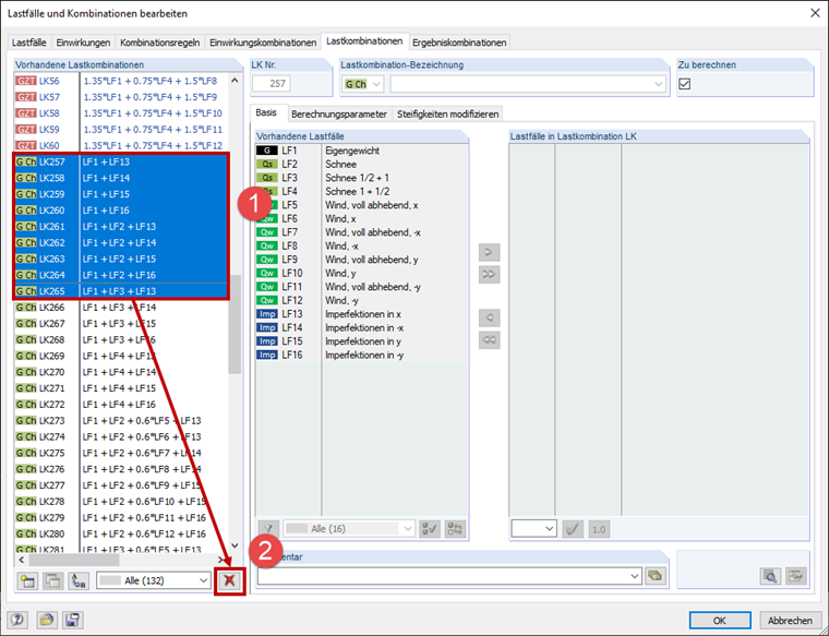Lastfälle und Kombinationen bearbeiten: Selektieren der Lastkombinationen (1) und Löschen (2)