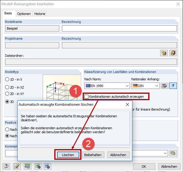 Modell-Basisangaben bearbeiten: Kontrollkästchen "Kombinationen automatisch erzeugen" deaktivieren (1) und Löschen (2)