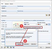 Modell-Basisangaben bearbeiten: Kontrollkästchen "Kombinationen automatisch erzeugen" deaktivieren (1) und Löschen (2)