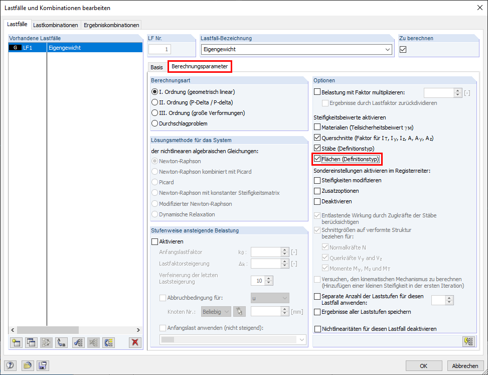 Steifigkeitsbeiwerte aktivieren in den Berechnungsparametern des Lastfalls