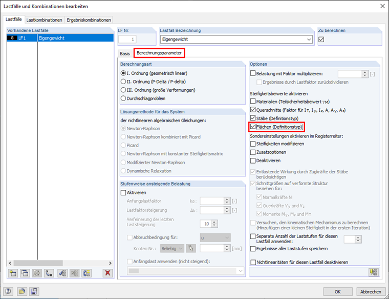 Steifigkeitsbeiwerte aktivieren in den Berechnungsparametern des Lastfalls
