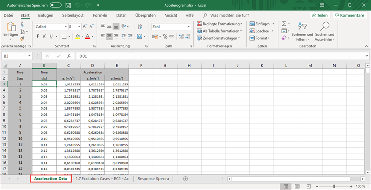 Beschleunigungsdaten in Excel