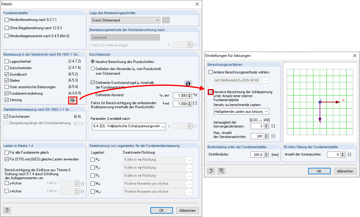 Detaileinstellungen für die Setzungsberechnung