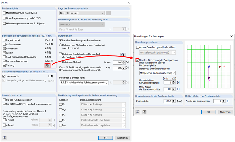 Detaileinstellungen für die Setzungsberechnung