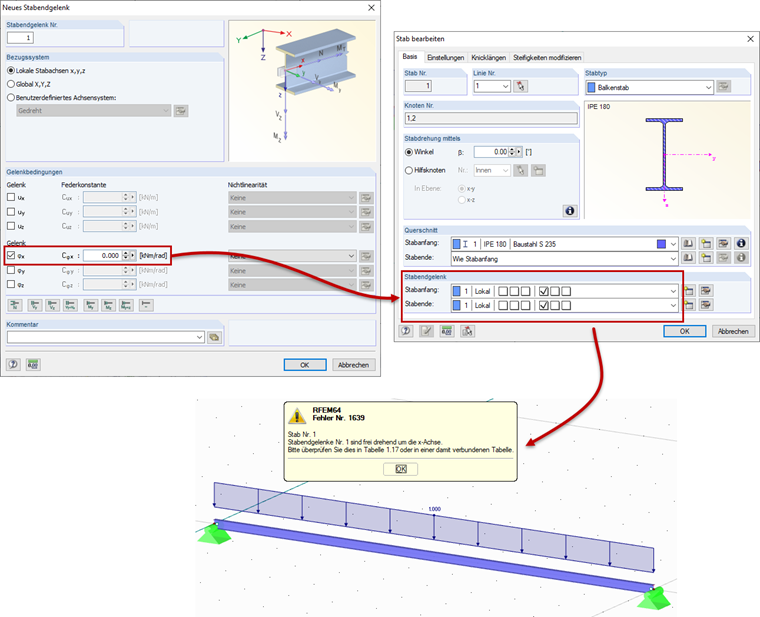 Eingabe von Torsionsgelenken an Anfangs- und Endknoten