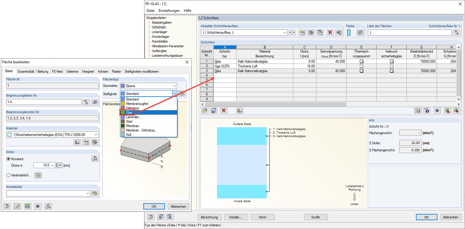 Flächentyp "Glas" in RFEM und Definition des Schichtenaufbaus in RF-GLAS