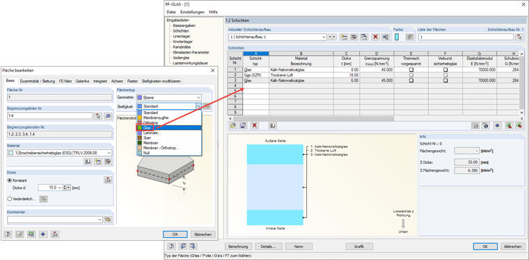 Flächentyp "Glas" in RFEM und Definition des Schichtenaufbaus in RF-GLAS