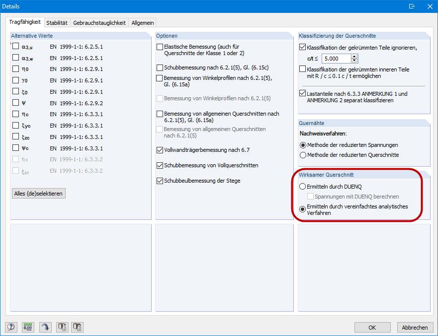 Berechnungsmethode des wirksamen Querschnittes in den Details