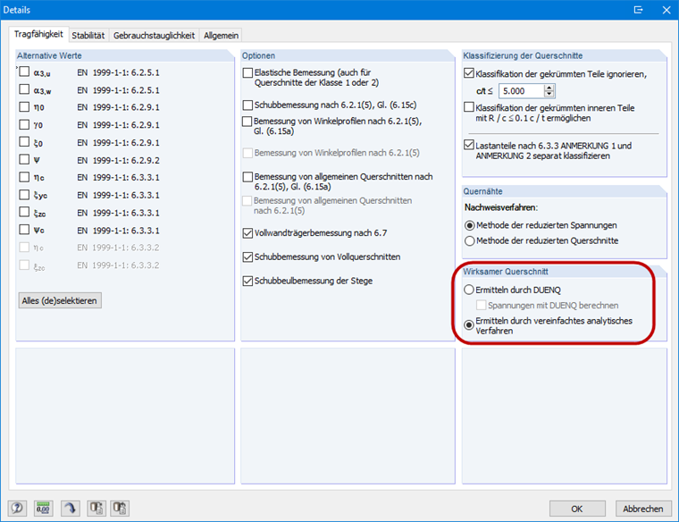 Berechnungsmethode des wirksamen Querschnittes in den Details