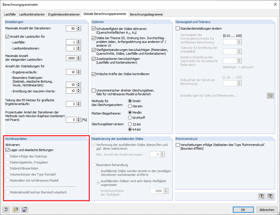 Berechnungsparameter mit den Nichtlinearitäten in der eingegebenen Struktur