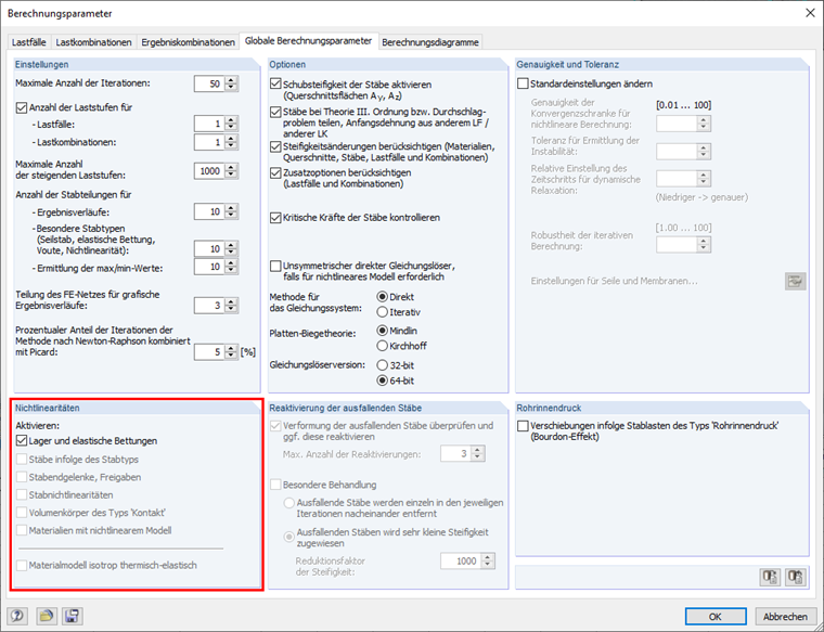 Berechnungsparameter mit den Nichtlinearitäten in der eingegebenen Struktur