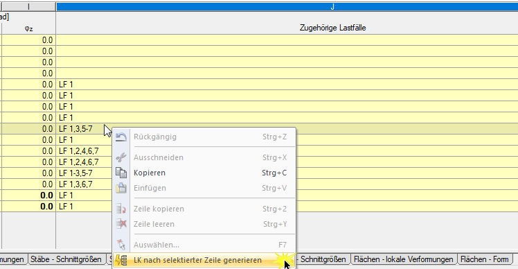 Kontextmenü (Rechtsklick) mit Option zum Generieren einer LK nach selektierter Zeile