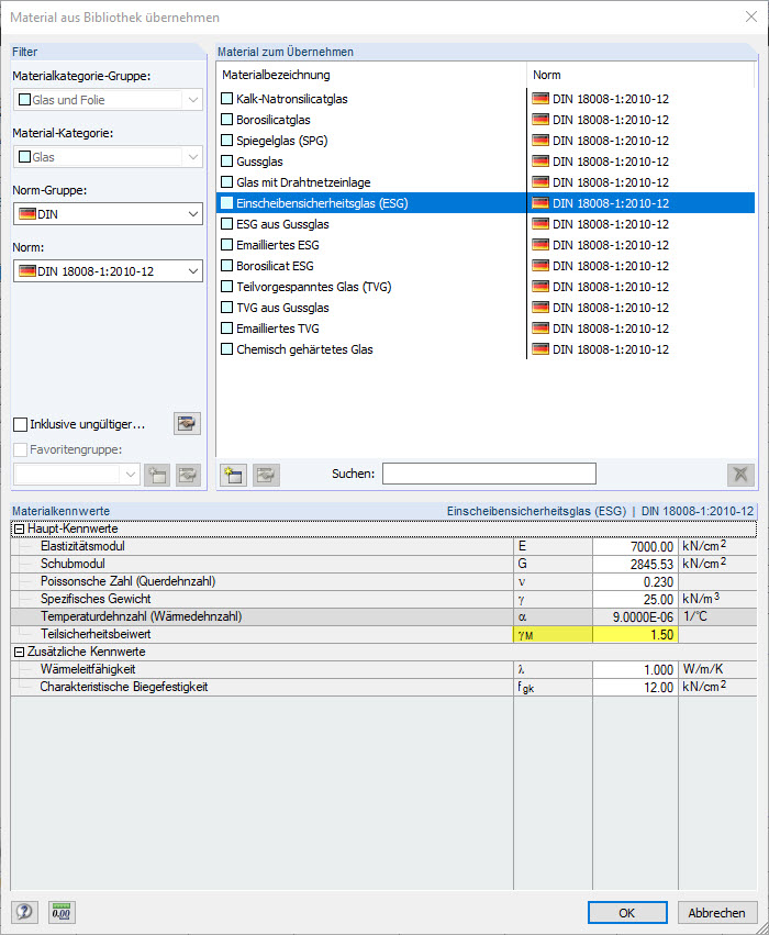Teilsicherheitsbeiwert Materialbibliothek