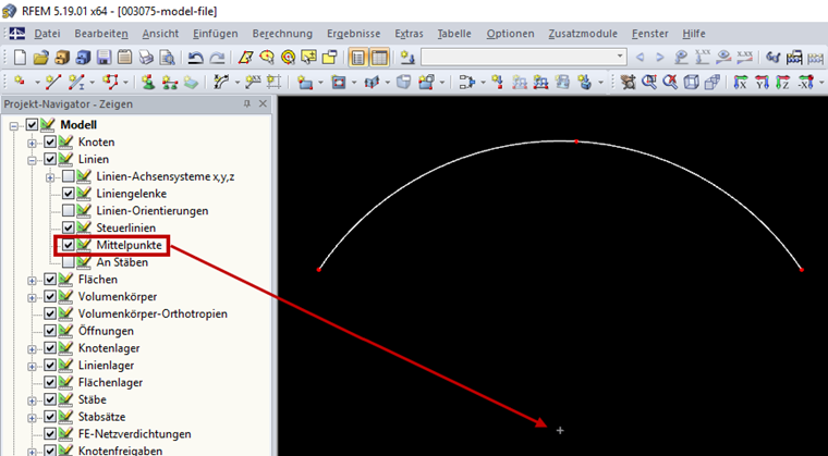 Projekt-Navigator - Zeigen: Modell -> Linien -> Mittelpunkte