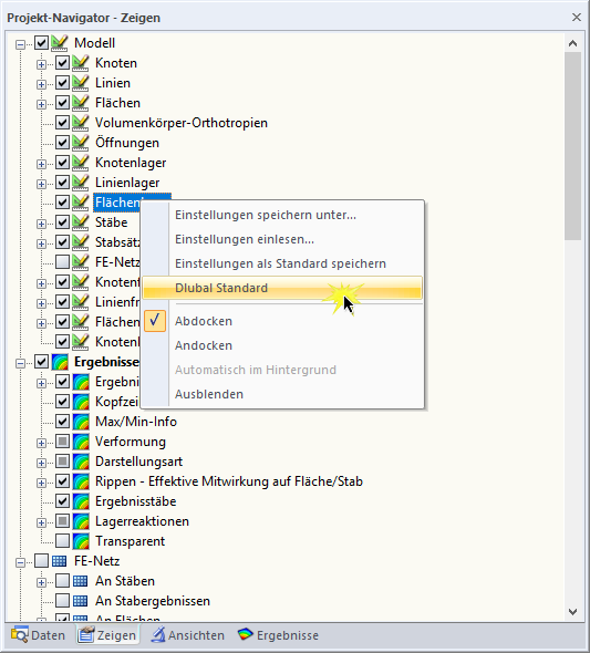 Einstellungen im Zeigen-Navigator zurücksetzen