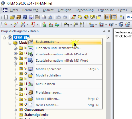 Öffnen der Basisangaben über das Kontextmenü der Datei