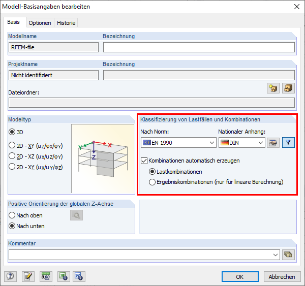 Dialog mit den Basisangaben des Modells